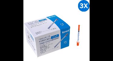 3x Romed 3-delige insulinespuit met naald 100 stuks Romed - Individueel steriel verpakt - 3-delige wegwerpspuit met naald