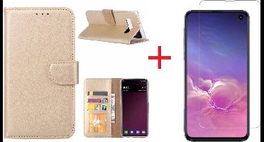 Ntech Hoesje Geschikt Voor Samsung Galaxy S10e portemonnee hoesje - Goud + Screenprotector glas