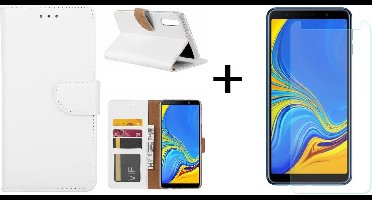 Ntech Hoesje Geschikt Voor Samsung Galaxy A7 2018 Wit BookType Hoesje & opbergvakjes + Glazen Screenprotector