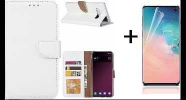 Ntech Hoesje Geschikt Voor Samsung Galaxy S10 portemonnee hoesje |met opbergvakjes Wit + PET Folie Screenprotector Clear
