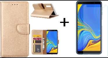 Ntech Hoesje Geschikt Voor Samsung Galaxy A7 2018 Goud BookType Hoesje & opbergvakjes + Glazen Screenprotector