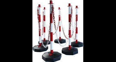 Technosafety – Afzetpalen Rood-Wit– 6 palen incl. 22M ketting – Kettingpalen – Afzetlint – Kunststof