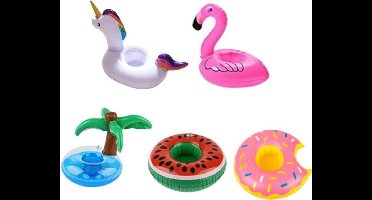 Set Van 5 - Opblaasbare  Bekerhouder Set - 5 stuks - 21x25 cm - Opblaas Drankhouder - Opblaasartikel - Eenhoorn, Palmboom, Donut, Flamingo, Watermeloen - Zwembadaccessoire - Drankhouders - Bekerhouders - Opblaasartikelen - Opblaasfiguur