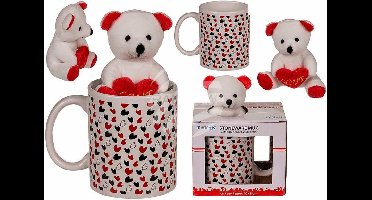 Stenen mok met hartjes en klein beertje | in geschenkverpakking | 10 x 8 cm - 300 ml | love liefde | cadeau Bruiloft Moederdag Valentijn