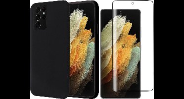 Hoesje geschikt voor Samsung S21 Ultra - Zwart Siliconen Case - Screen Protector Glas