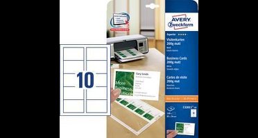 Avery-Zweckform C32011-10 Bedrukbare visitekaarten, gladde kant 85 x 54 mm Wit 100 stuk(s) Papierformaat: DIN A4