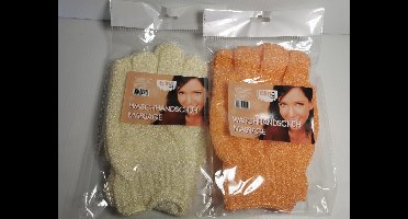 Set 2 pakjes washandjes handschoen Geel en Oranje  (2x2=4)  Massage / lichte scrub