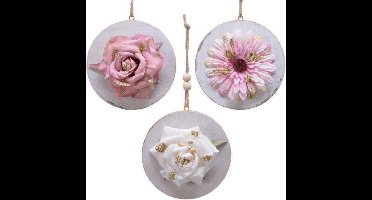 Set 2x Hangdeco met bloem Ø10x3cm white wash 1x Roze 1x Witte Roos