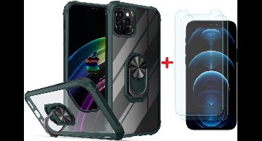 Hoesje Geschikt voor iPhone 12 / 12 Pro Hoesje met Premium ring houder - Hoesje Geschikt voor iPhone 12 kickstand armor backcover Groen + 2X screenprotector