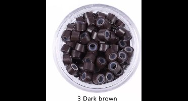 200 microringen met silicone,  kleur # 3 Donker Bruin, voor het inzetten van hairextensions. Diameter 5 mm