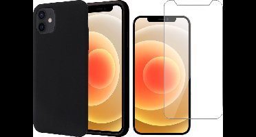 Hoesje geschikt voor iPhone 12 - Screenprotector GlassGuard - Zwart Liquid Siliconen Case