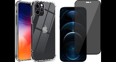 Hoesje geschikt voor iPhone 12 Pro - Transparant Siliconen Shockproof Case + Screen Protector Glas Privacy