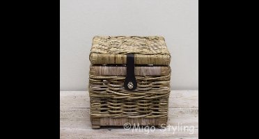 Opbergmand - Met deksel - Vierkant - lederen sluiting 30x30xH30 - Riet - Rotan - Badkamer - Toilet
