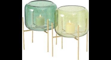 Set van 2 sfeerlichten van groen glas met gouden voet