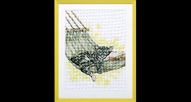 Pako Borduurpakket - telpatroon met codekaart - poes in hangmat - 237.085 -voorgesorteerd garen -Aida - 24 x 33 cm - DIY kit