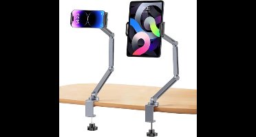 Veelzijdige tablethouder - verstelbare armbevestiging voor bed en bureau - compatibel met tablets en telefoons - aluminium constructie - 360° draaibaar