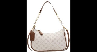 S&E Stijlvolle Halvemaan Schoudertas – Waterdicht PU – Bruin/wit