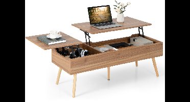 COSTWAY Lift Top Salontafel met Opslag & Pneumatische Staven, 2 Verborgen Compartimenten & 5 Massief Houten Poten, Multifunctionele Centrumtafel voor Woonkamer, 120 x 49 x 42 cm, Bruin