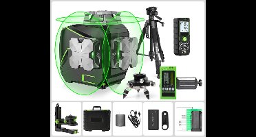 3D Cross Line Laser Waterpas – Zelfnivellerende Laserwaterpas – Groen Laserniveau – Bouwlaser – Bluetooth Connectiviteit – IP54 Bescherming - met Ontvanger - Statief - Adapter - Afstandsmeter