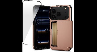 Hoesje met Pasjeshouder geschikt voor iPhone 17 Pro - Screen Protector FullGuard - Back Cover SlideCase Roségoud & Screenprotector