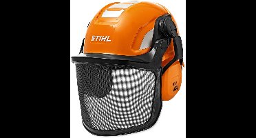Vedes speelgoedhelm oranje met verstelbaar vizier en gehoorbescherming.