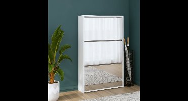 Moderne Medahomestore Spiegel Schoenenkast met 3 Kippfächern | Hoogglans Wit Schoenopbergkast voor Hal, Gang & Slaapkamer | Compacte Flurschrank met Spiegel en Opbergruimte voor 9-12 Paar Schoenen