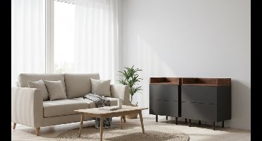 Nachtkastje met Laden Anika – Modern Nachtkastje Antraciet/Walnoot 2 Laden met Push-to-Open Systeem – Houten Nachtkastje met Metalen Poten – Slaapkamer Bijzettafel 54x40x68 cm — Medahomestore