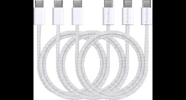 3x USB C naar USB C Nylon Gevlochten Kabel Wit - 1 meter - Oplaadkabel voor iPhone 17e / 17 / iPhone 17 AIR / iPhone 17 PRO / iPhone 17 PRO MAX