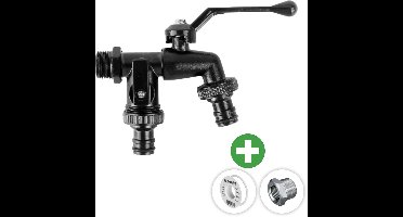 Deltaline - Buitenkraan - Dubbele kraan ½ inch - 2x ¾ inch gardena uitgang - Vorstbestendige Kogelkraan Zwart - Vorstbestendig - Incl. PTFE tape & Extra RVS verloopring ½ x ¾ inch