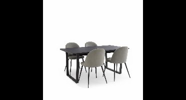 Tilst eethoek eettafel zwarte marmerprint 90x160 4 stoelen velours grijs.
