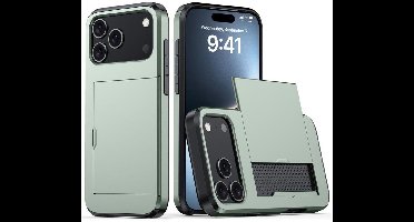 Hoesje met Kaarthouder Slider Geschikt voor Apple iPhone 17 Pro Max | Back Cover Pasjeshouder Achterkant | Kaarthouder voor Twee Pasjes | Groen