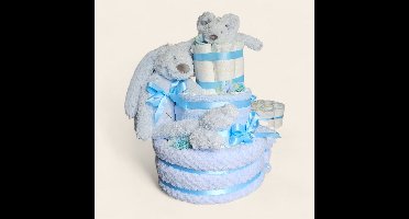 Luiertaart 3 laags blauwe met Rabbit Richie – Perfect Kraamcadeau