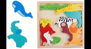 Houten Dierenpuzzel met Puzzelbord - 12 Stuks - Kinderpuzzel met Dieren Figuren - Houten Puzzel Speelgoed voor Kinderen - Animal Puzzle met Houten Frame