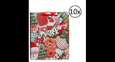 Gerimport Kerst cadeau tasje - 10x - 24 cm - ho-ho-ho en kerstman - inpakken - kerstcadeaus