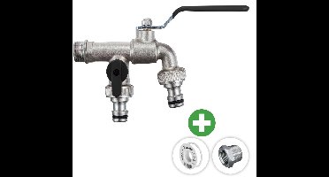 Deltaline - Buitenkraan - Dubbele kraan ½ inch - 2x ¾ inch gardena uitgang - Vorstbestendige Kogelkraan Zwart - Vorstbestendig - Incl. PTFE tape & Extra RVS verloopring ½ x ¾ inch