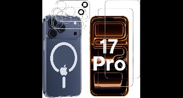 iPhone 17 Pro Hoesje backcover Shockproof siliconen Transparant met geïntegreerde magnetische cirkel + 2 gehard glazen screenprotectors + 2 Camera Protector van glas