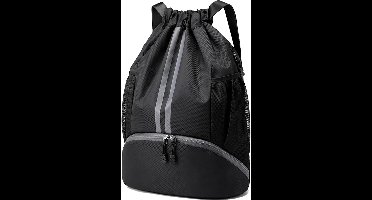 BOTC Sportrugzak met trekkoord - 22L - Zwemtas met trekkoord - met schoenenvak en natbestendig vak - voor Dames en Heren - Zwart