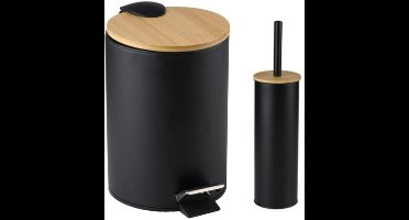 Alpina Prullenbak 3L met Houten Deksel + Toiletborstel met Houten Deksel – Zwart – Compacte Set voor Badkamer, Toilet, Keuken of Kantoor