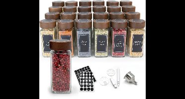 George Napoli 24 Kruidenpotjes - Glas - Spice jar - Vierkant - Acacia Deksel - 48 Strooideksels & 240 stickers