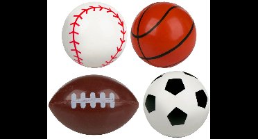Eddy Toys Stuiterbal Sport Assortiment - Kleine Stuiterballen met Sportdesign - Speelgoed Bal Stuiterend - Honkbal, Basketbal, Rugbybal, Voetbal Kinderen - Set Van 4