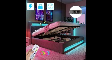 Linnen Gestoffeerd Bed 160x200 cm - Met Hydraulische Hendel - Opbergbed - Jongerenbed - Jeugdbed - Tweepersoonsbed - Opbergruimte - Bedframe met Led Verlichting - Met Stopcontacten - USB -Type C - Eenvoudige Montage - Grijs