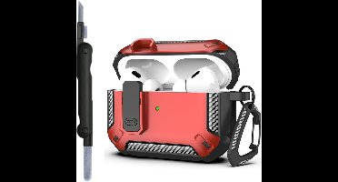 Sounix Hoesje geschikt voor Airpods Pro 1 / 2 - Met schoonmaak borstel - Airpods Pro Hoesje - Armor Case met Lock - Rood