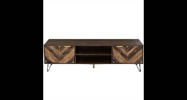 TV-meubel – TV-kast – TV-dressoir – Entertainmentmeubel – Mediameubel – Vintage stijl – Massief houten fineerdeuren – Gouden handgrepen – Stabiele metalen poten – Mid-century modern design – 155 cm breed