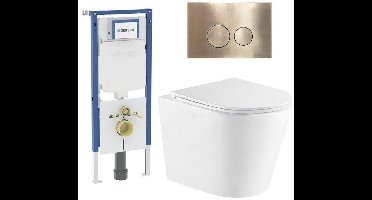 QeramiQ Dely Toiletset - 36.3x51.7cm - diepspoel - rimless - Geberit UP720 inbouwreservoir - softclose toiletzitting - geborsteld messing bedieningsplaat - ronde knoppen - wit glans