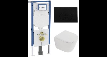 QeramiQ Dely Toiletset - 36.3x51.7cm - diepspoel - rimless - Geberit UP720 inbouwreservoir - softclose toilet zitting 35 mm - kunststof mat zwarte bedieningsplaat - ronde knoppen - mat wit