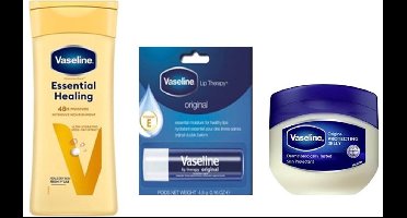 Vaseline Essential Healing Set - Bodylotion 400 ml / Lippenbalsem Stick / Pure Petroleum Jelly 100 ml