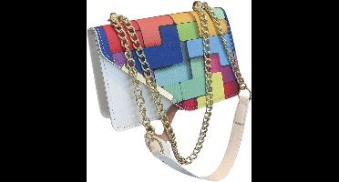 Square Bag Dames - Schoudertas Geruit Patroon - Crossbody Met Metalen Ketting - Contrasterende Stikdetails - Wit