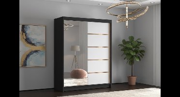 Moderne Schuifdeurkast met Spiegel 150 cm – Zwart/Wit 2-Deurs Kledingkast met Kledingroede & Legplanken – Luxe Slaapkamer Kast met Gouden Accenten en Ruime Opbergruimte