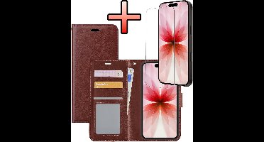 Hoesje - Met Screenprotector - Geschikt voor Apple iPhone 17 - Luxe Pasjeshouder - Bookcase Portemonee - Flip Case - Kunstleer Book Case - Flipcase - Book Cover - Walletcase - Portemonneehoes - Bruin