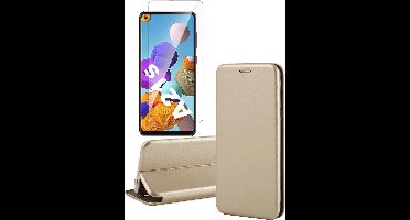Hoesje geschikt voor Samsung Galaxy A21s - Screen Protector GlassGuard - Book Case Kunstleer ThinShield Goud & Screenprotector